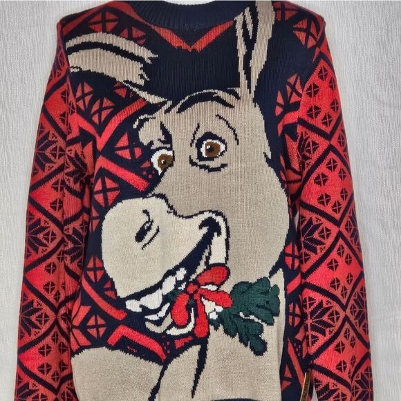 Tipsy Elves 2015 Shrek Donkey Navy Blue & Red Fair Isle Knit Christmas Sweater - Picture 4 of 13